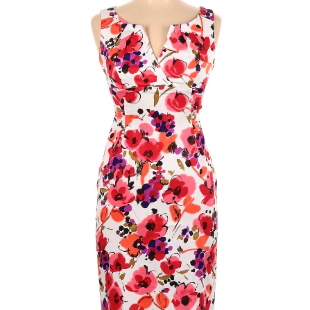 London Times I Pink Floral Sheath Stretch V Neck Bodycon Summer Dress 6
